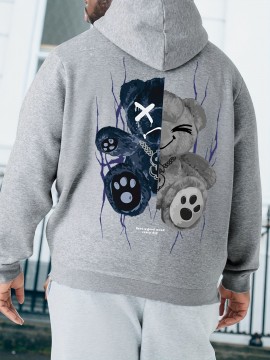 Men's Plus Size Casual Hoodie with Geometric Bear Design - Polyester, Machine Washable, Faux Pocket Detail, PLUS SIZE