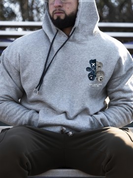 Men's Plus Size Casual Hoodie with Geometric Bear Design - Polyester, Machine Washable, Faux Pocket Detail, PLUS SIZE