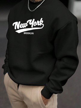 1pc New York Brooklyn Casual Crew Neck Pullover - Geometric Pattern Cotton Blend Sweatshirt, Slight Stretch Knit Fabric, Regular Fit Long Sleeve Top for Men, Plus Size