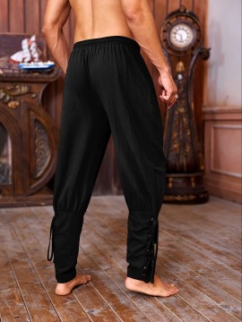 Men's Viking Renaissance-Inspired Casual Pants with Drawstring Waist and Tapered Legs - Solid Color, Polyester, Machine Washable